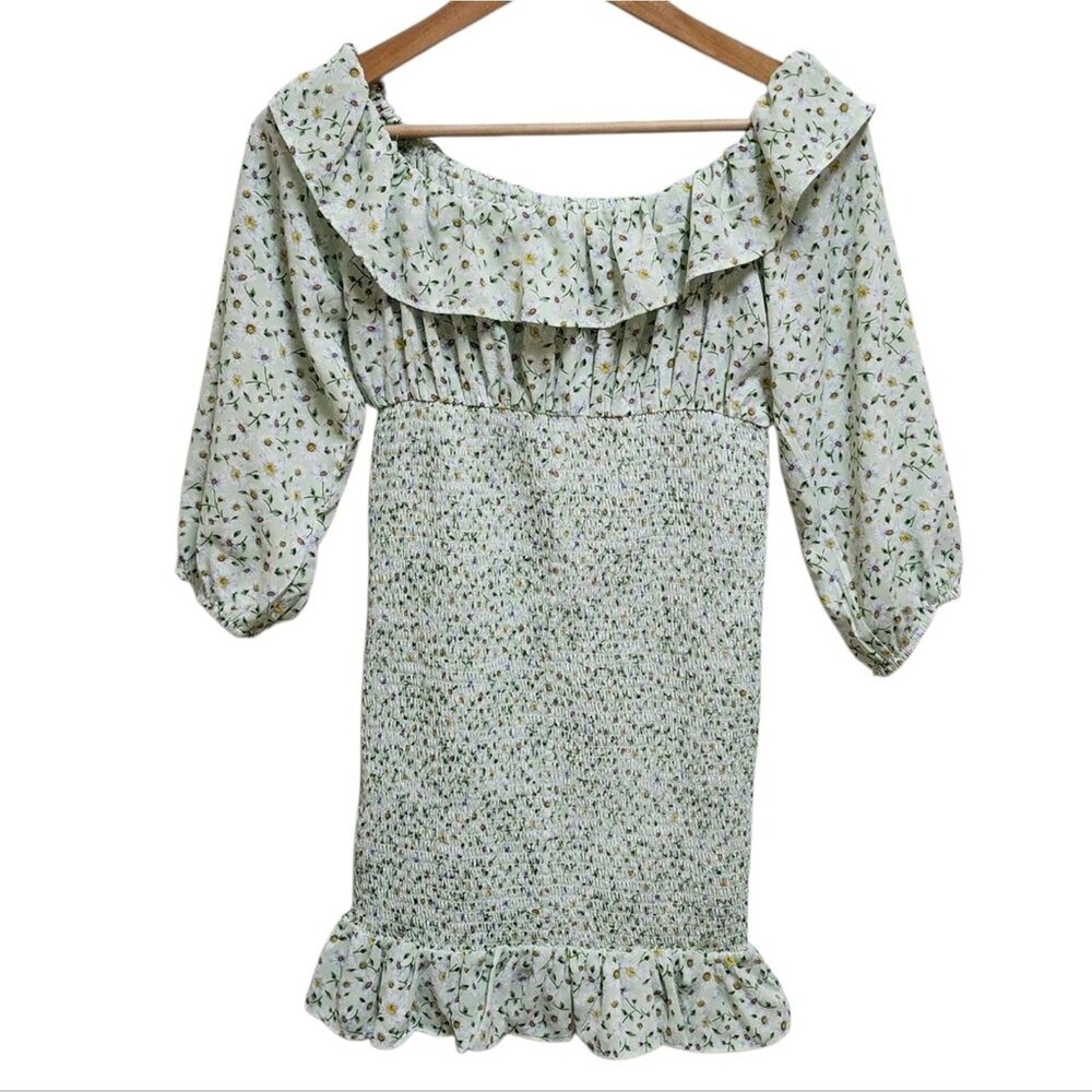 Forever 21 Peasant Mini Dress Women S Green Floral On Off Shoulder Ruffle Smock